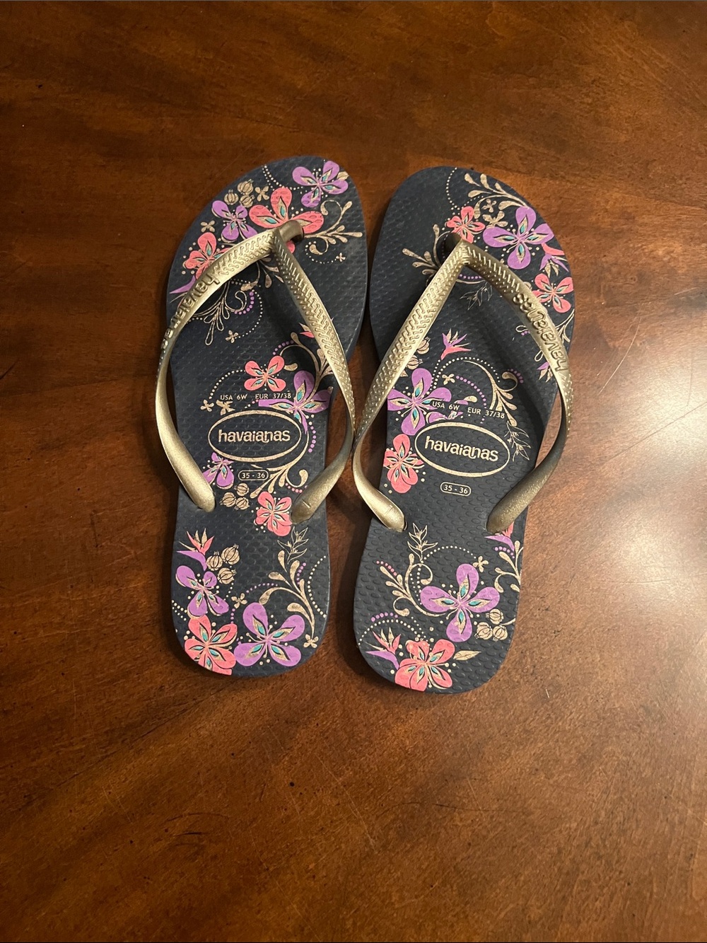 Havaianas Navy Flip Flops with Pink & Purple Floral Print and Gold Straps